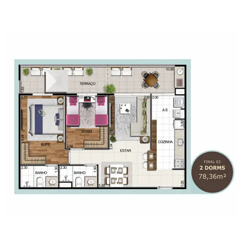 Planta 02 dormitórios de 67,72 m²