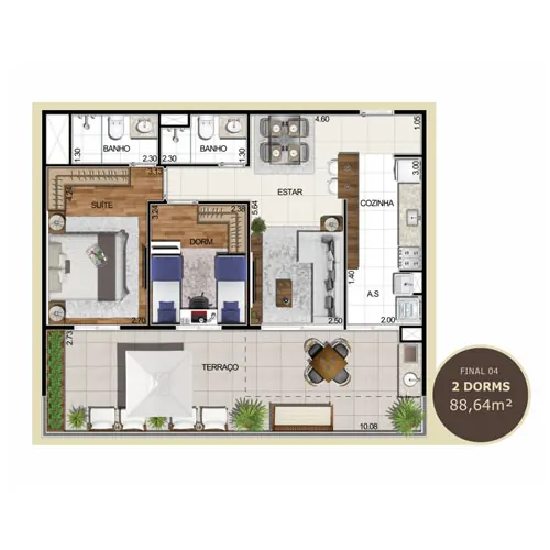 Planta 02 dormitórios de 78,36 m²