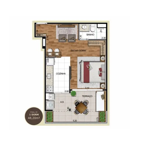 Planta 02 dormitórios de 88,64 m²