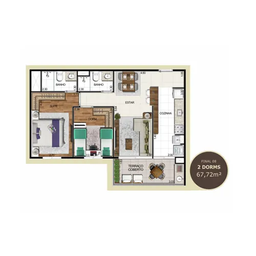 Planta 03 dormitórios de 91,21 m²