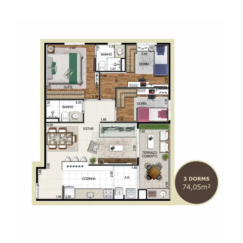 Planta 03 dormitórios de 74,05 m²