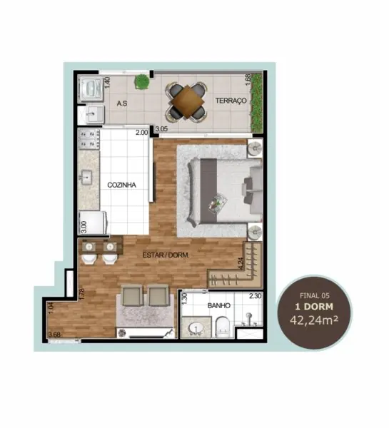 Planta 03 dormitórios de 96,16 m²